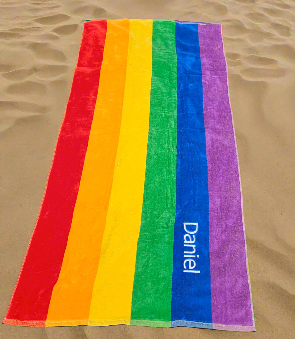 Personalised Rainbow Beach Towel – Embroidered 100% Cotton Gift (80x160cm)