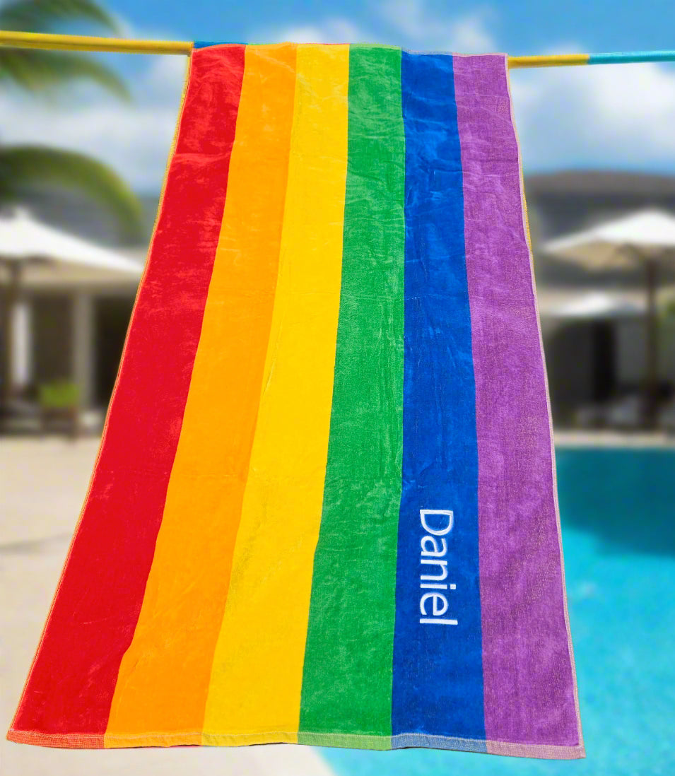 Personalised Rainbow Beach Towel – Embroidered 100% Cotton Gift (80x160cm)