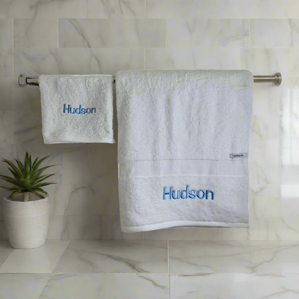 Personalised White Bath Towel & Face Washer Set – Embroidered Cotton Gift