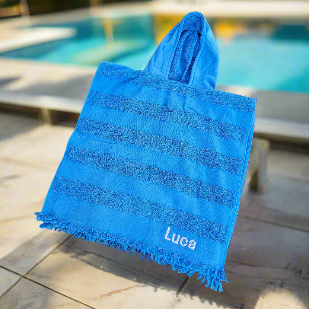 Personalised Blue Hooded Kids Beach Towel – Embroidered Cotton Poncho