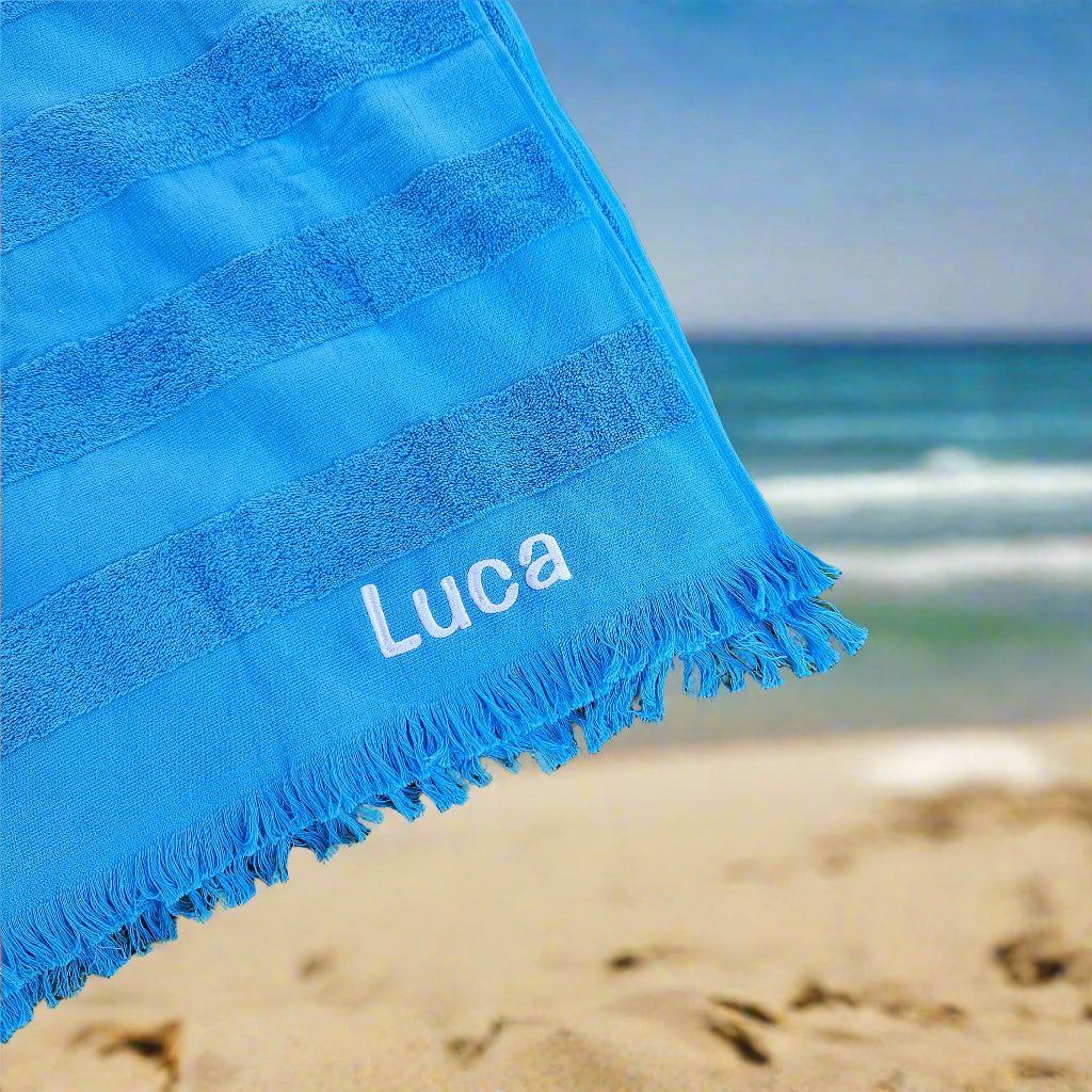 Personalised Blue Hooded Kids Beach Towel – Embroidered Cotton Poncho