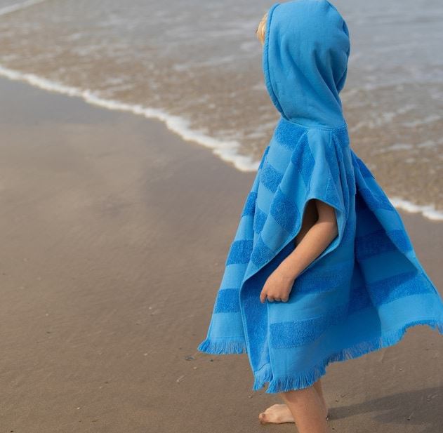 Personalised Blue Hooded Kids Beach Towel – Embroidered Cotton Poncho