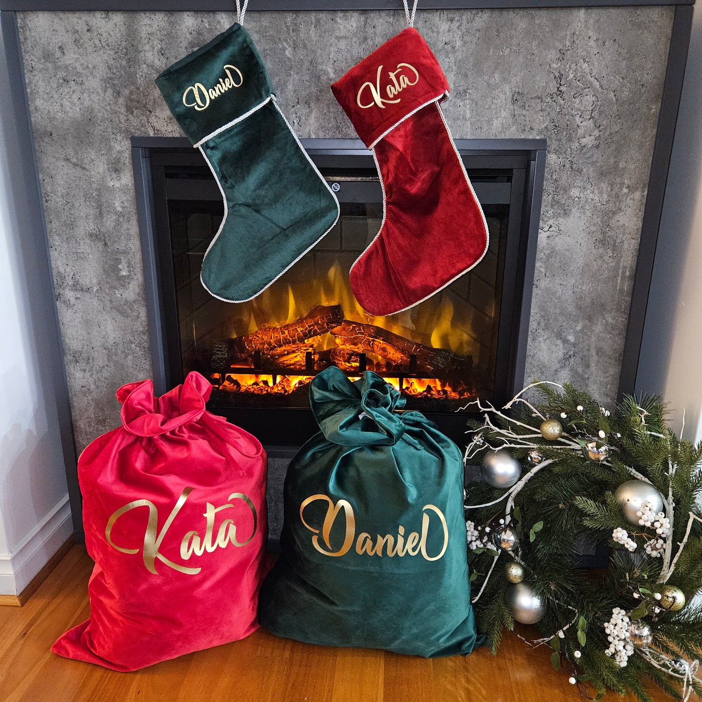 Luxury Velvet Christmas Santa Stockings with Personalised Name
