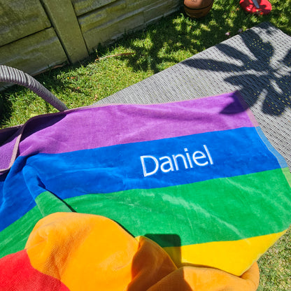 Personalised Rainbow Beach Towel – Embroidered 100% Cotton Gift (80x160cm)
