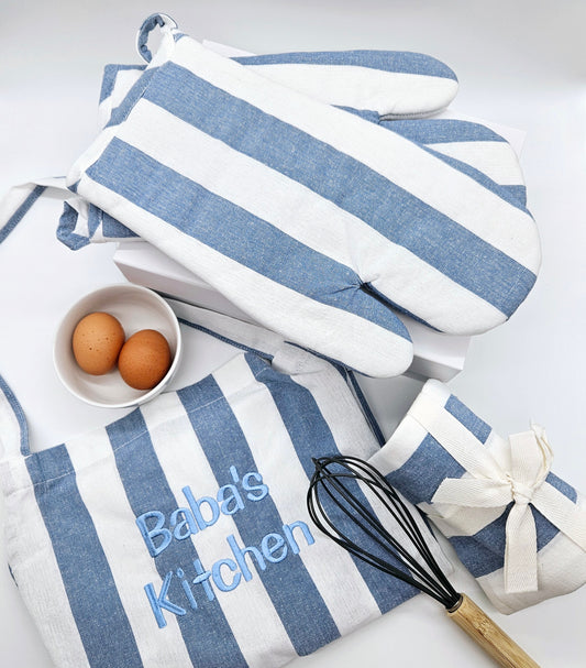 Personalised Chambray Blue Stripe Cotton Apron Gift Set