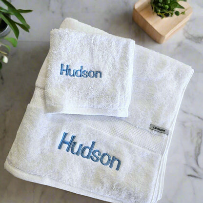 Personalised White Bath Towel & Face Washer Set – Embroidered Cotton Gift
