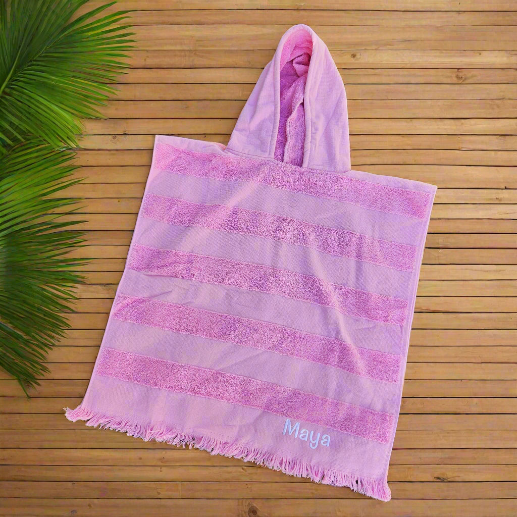 Personalised Pink Hooded Kids Beach Towel – Embroidered Cotton Poncho