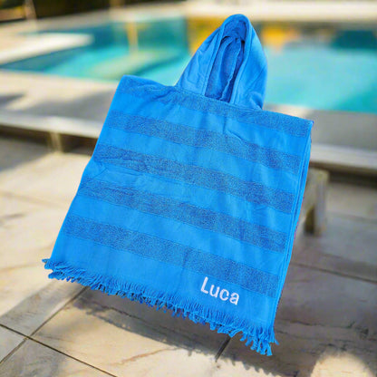 Personalised Blue Hooded Kids Beach Towel – Embroidered Cotton Poncho