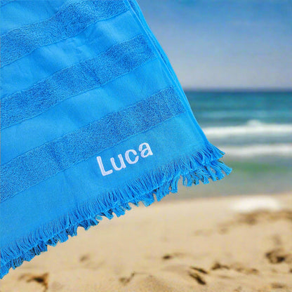 Personalised Blue Hooded Kids Beach Towel – Embroidered Cotton Poncho