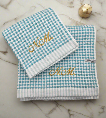Personalised Aqua Bath Towel & Hand Towel Set – Embroidered 100% Cotton Gift