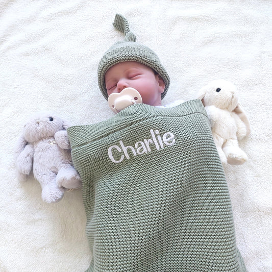 Personalised Baby Luxury Cotton Blanket in Sage Green Funky Gifts Australia