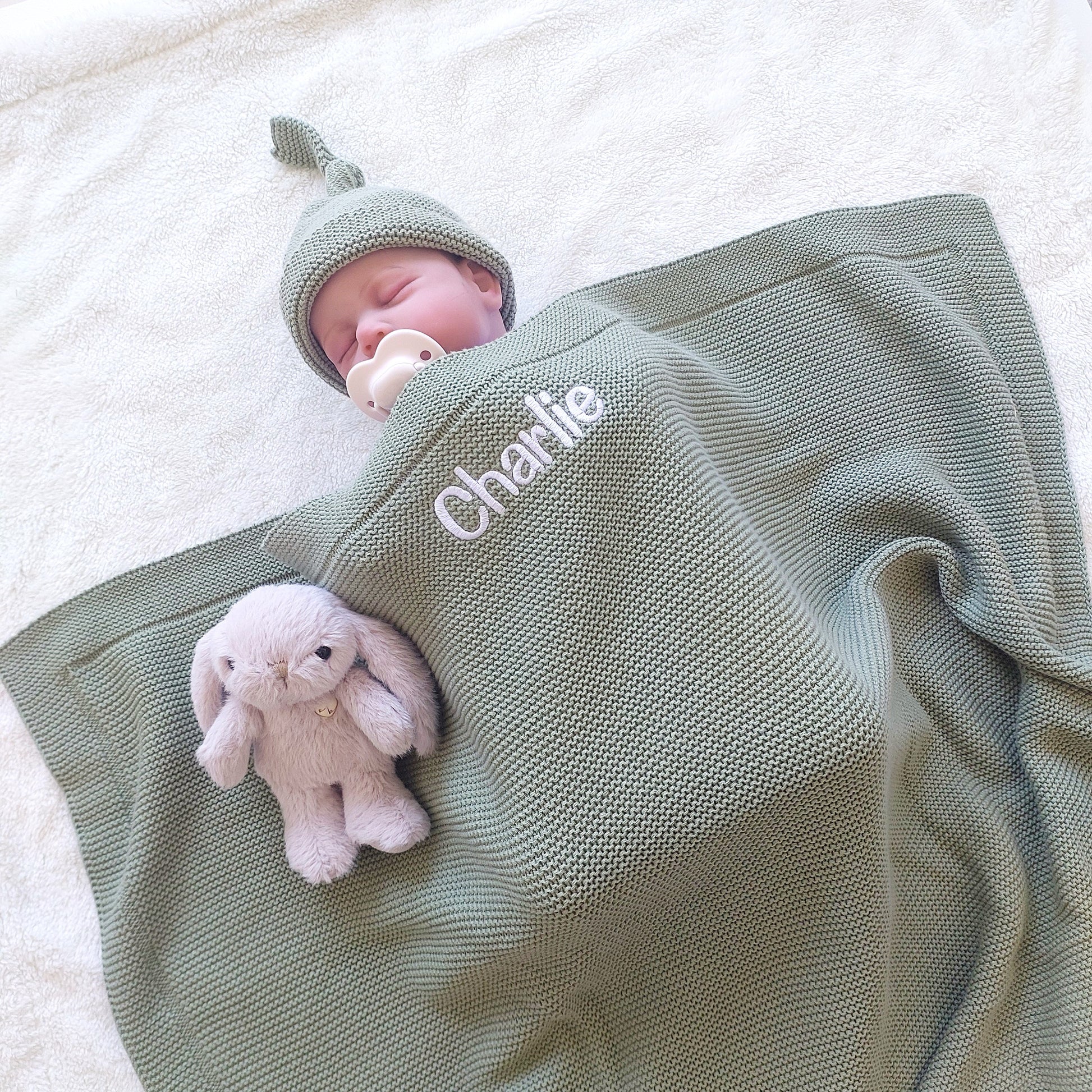 Personalised Baby Luxury Cotton Blanket in Sage Green Funky Gifts Australia