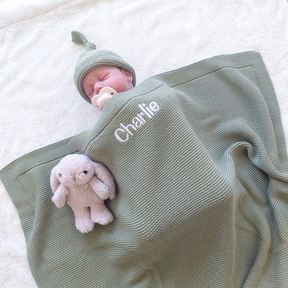 Personalised Baby Luxury Cotton Blanket in Sage Green Funky Gifts Australia