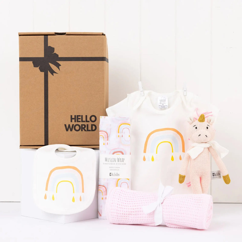 Personalised Hello World Baby Rainbow Gift Hamper | Funky Gifts Australia