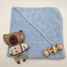 Load image into Gallery viewer, Embroidered Baby &amp; Infant Hooded Bath Towel in Blue
