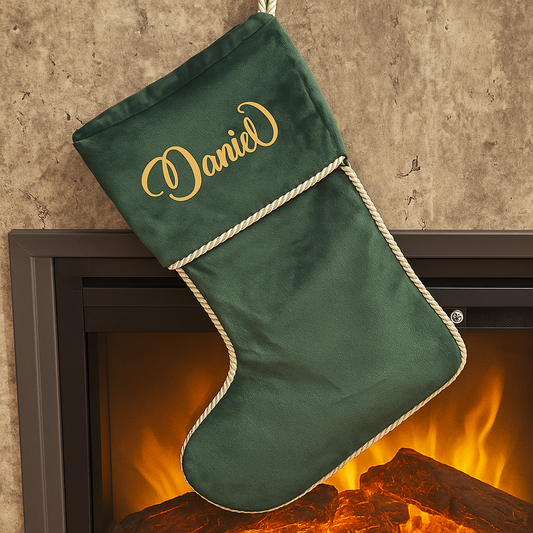 Velvet Santa Stocking in Green with Personalised Name