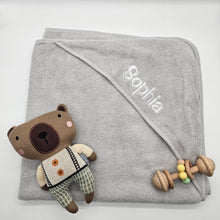 Load image into Gallery viewer, Embroidered Baby &amp; Infant Hooded Bath Towel in Grey
