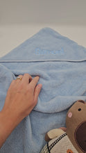 Load and play video in Gallery viewer, Embroidered Baby &amp; Infant Hooded Bath Towel in Blue
