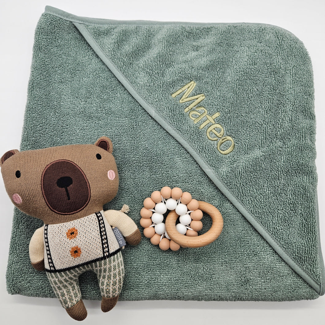 Embroidered Baby & Infant Hooded Bath Towel in Sage