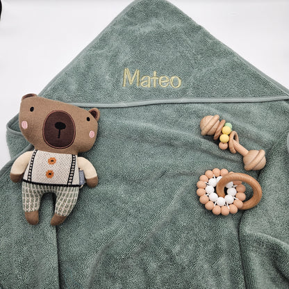 Embroidered Baby & Infant Hooded Bath Towel in Sage